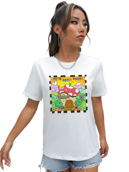 

x moldazor slogan & cartoon graphic tee l73p#, White