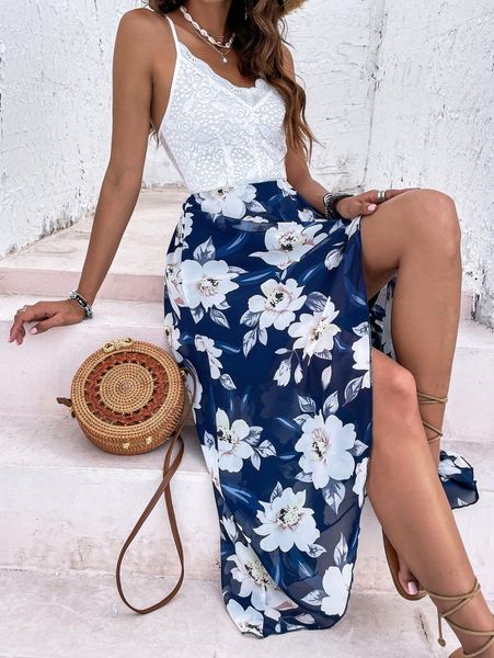 

contrast lace floral print tulip hem cami dress c9ki#, Black;gray