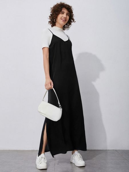 

solid high split cami dress without tee 72zi#, Black;gray