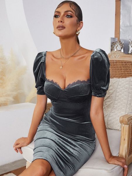 

contrast lace sweetheart neck bodycon dress g1om#, Black;gray