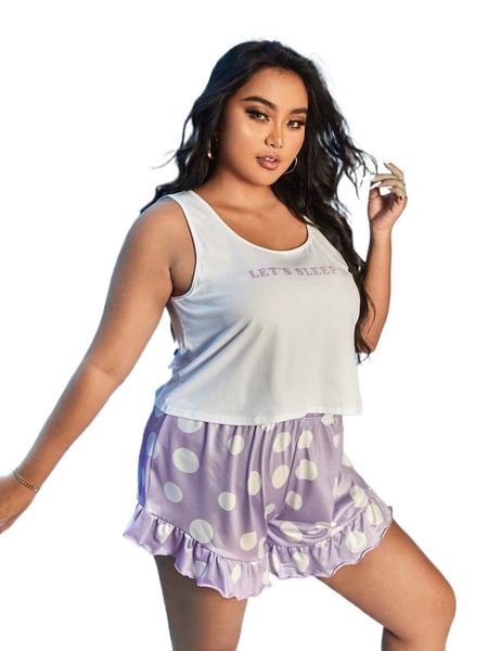 

plus letter & polka dot print ruffle hem pj set 68pf#, Black;white