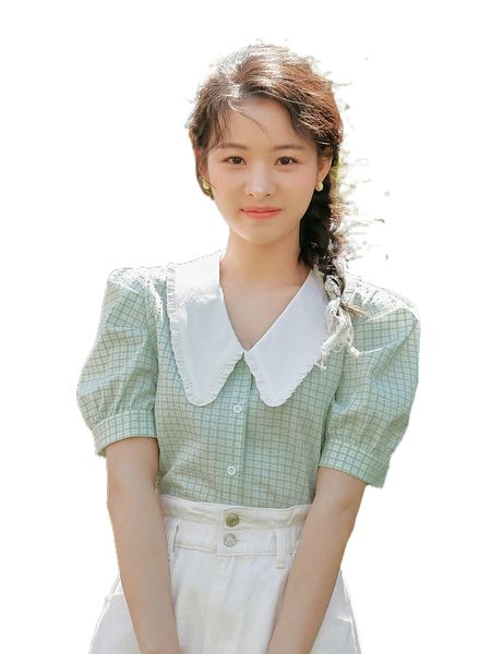 

dazy plaid print contrast peter-pan collar puff sleeve blouse d8tw#, White