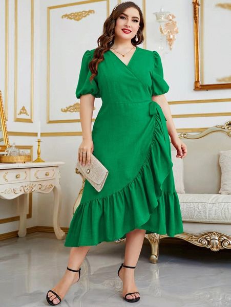 

plus puff sleeve ruffle trim tie side wrap dress s8wb#, Black