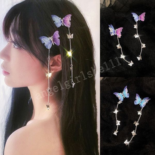 

butterfly tassel hairpin headgear women hanfu antique party hair accessories fashion elegant side clip hairgrips, Slivery;white