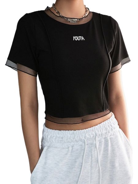 

dazy letter graphic lettuce trim mesh panel crop tee s6m6#, White