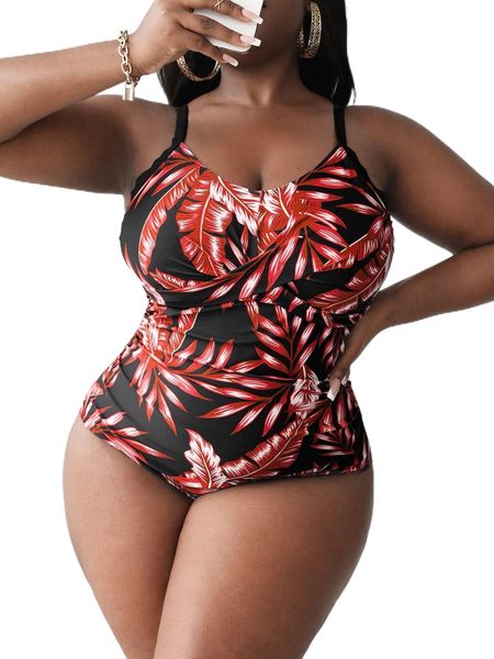 

plus tropical print wrap cross one piece swimsuit 87aj#, White;black