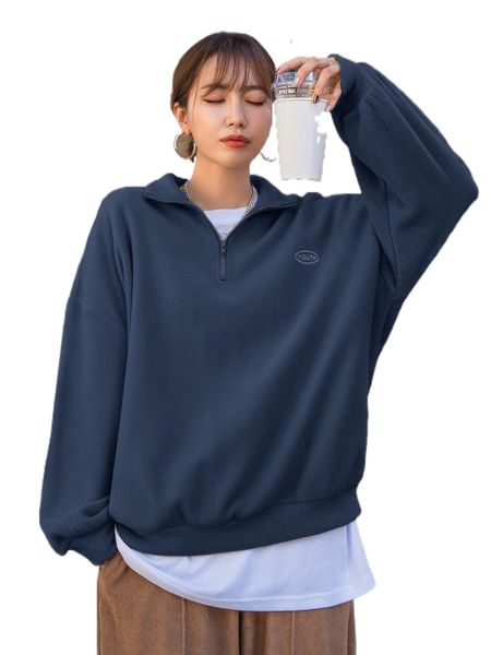 

dazy quarter zip letter embroidery drop shoulder fleece sweatshirt w0r8#, Black