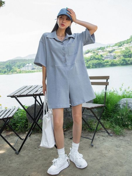 

dazy drop shoulder button half placket romper b2me#, Black;white