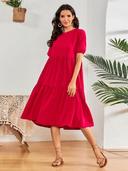 

neon red slant pocket smock dress y36h#, Black;gray