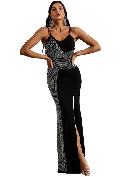 

rhinestone split thigh formal dress h3ru#, Black;gray