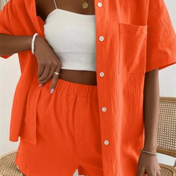 

long sleeve singlebreasted broadlegged shorts set fashion ladies solid suits summer 2 piece outfits for women 220712, Gray