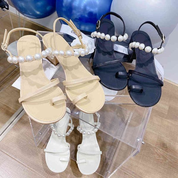 

sandals summer style small fragrance one line with pearl women's shoes c home heel flat sandals holiday fairy, Black