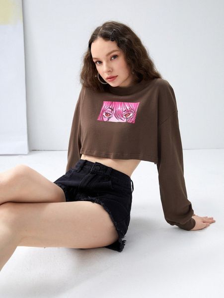 

x 24shatsu figure graphic drop shoulder crop hoodie j71n#, Black