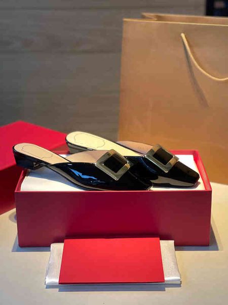 

slippers guangzhou high-end quality rv square buckle leather women's shoes, half baotou slippers, high heels, medium and thick, Black