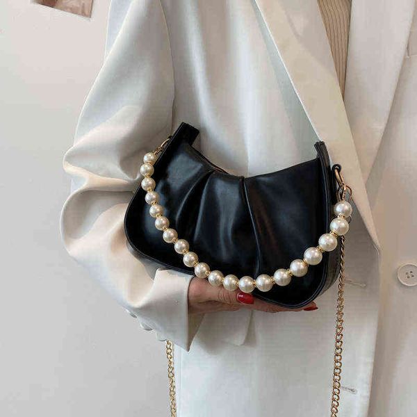 

evening bags fashion chain beads pleated shoulder for women 2022 new solid color casual leather crossbody ladies concise handbag 220420