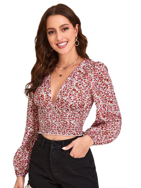 

bishop sleeve shirred detail ditsy floral g4zj#, White