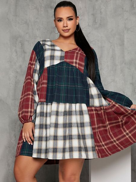 

plus plaid color block lantern sleeve ruffle hem smock dress g9n6#, Black