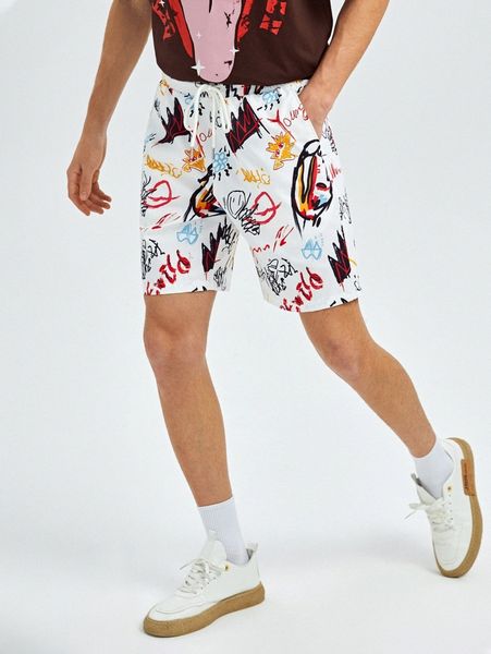 

men graffiti print drawstring waist shorts l5zb#, White;black