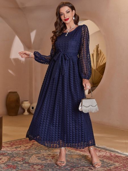 

houndstooth lace bishop sleeve belted dress v5wi#, Black;gray