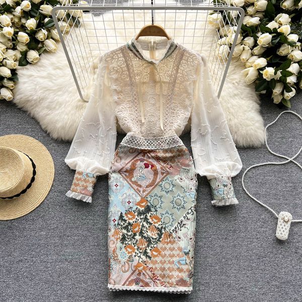 

lace embroidery women dress summer 2023 temperament elegant zipper long sleeves ladies a line slim chic dresses, Black;gray
