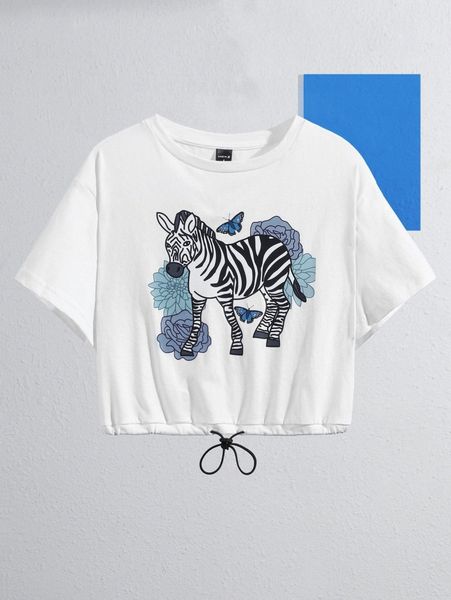 

x courtneygrabenshop zebra & floral print drawstring hem tee u4zq#, White