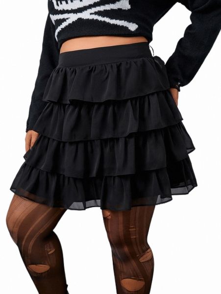 

plus high waist layer hem skirt x2kh#, Black