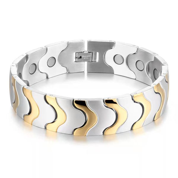 16mm de largura de aço inoxidável de aço inoxidável pulseira de bracelete homens terapia de mulheres artrite healing ímãs homens braceletes de ouro masculino jóias