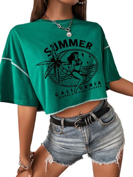 

letter & figure graphic stitching drop shoulder crop tee 73py#, White