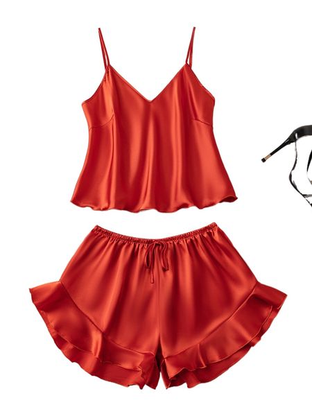 

ruffle hem satin pj set w3od#, Black;red