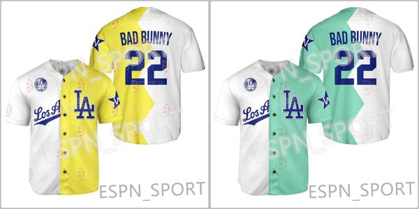 

22 bad bunny 2022 all stars split jersey dodgers shirt la baseball jerseys tee yellow green, Blue;black
