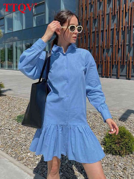

ttqv fashion blue cotton women's dresses 2022 casual lapel long sleeve mini dress elegant slim single-breasted female dress t220804, Black;gray