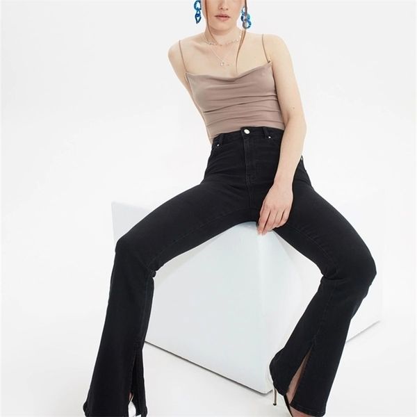 

trendyol jeans pants y2k slit high waist flare jeans women fashion twoaw21je0025 220701, Blue