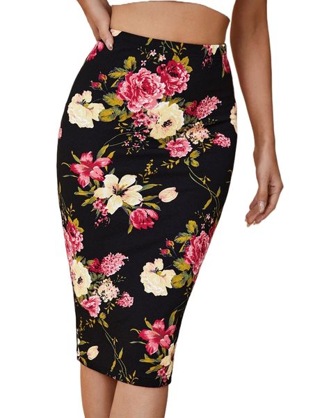 

floral print bodycon skirt p9ao#, Black