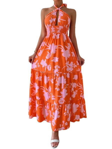 

floral print shirred waist ruffle hem halter dress y6de#, Black;gray