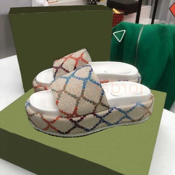 

2022 womens fashion embroidered canvas designer slides slip on slippers girls 60mm canvas covered platform sandals with box and dust bags ap, Black