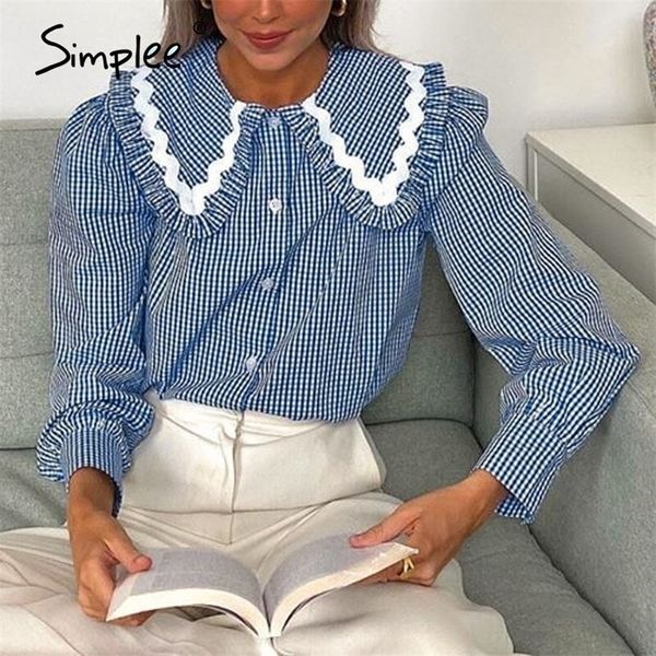

vintage blue plaid turndown collar shirt button long sleeve cotton blouse ladies cute autumn winter women clothing 210308, White
