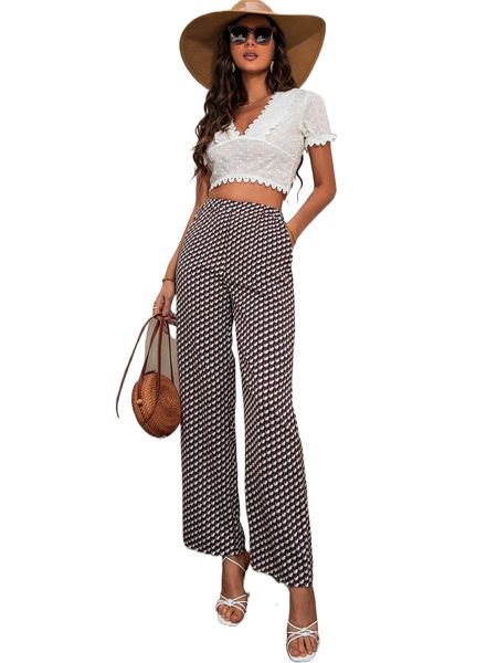 

allover print high waist pants b6vk#, Black;white