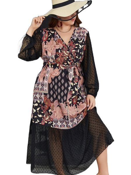 

plus paisley print contrast dobby mesh belted dress q86g#, Black