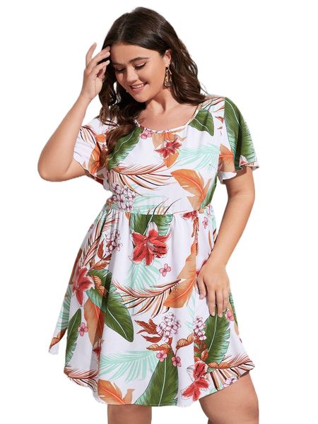 

plus tropical print butterfly sleeve dress a2ay#, Black