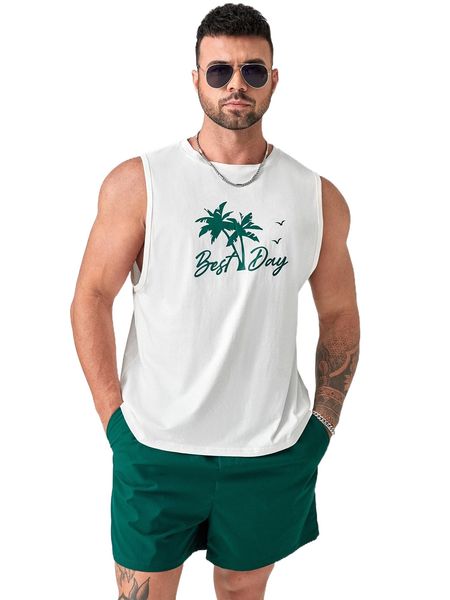 

extended sizes men tropical & letter graphic tank & shorts x6pe#, Gray