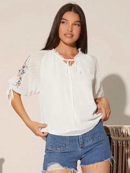 

floral embroidery swiss dot lantern sleeve tie neck chiffon blouse m9qj#, White