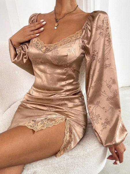 

jacquard lantern sleeve lace trim split hem satin dress p29l#, Black;gray