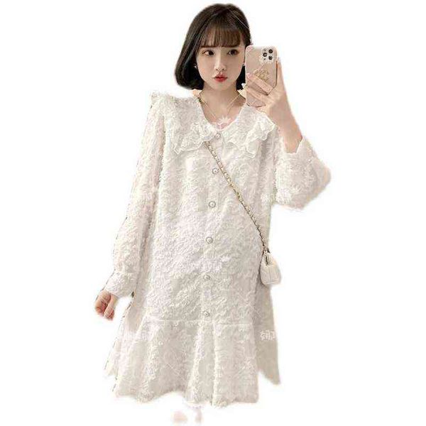 

sweet maternity dress for autumn long sleeves ruffles peter pan collar singlebreasted pregnant woman mermaid dress trumpet dress j220628, White