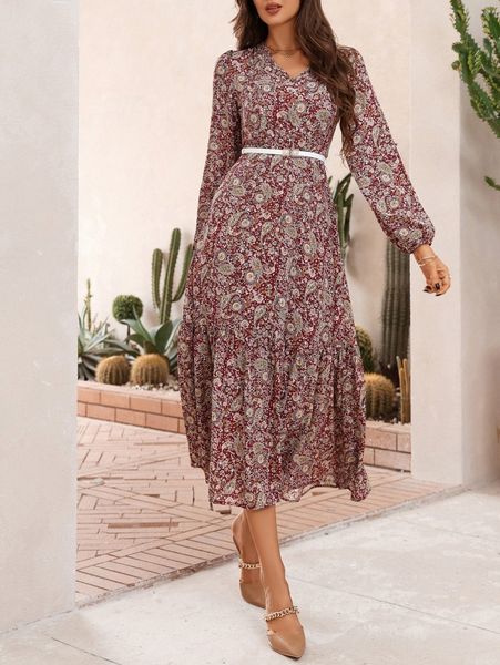 

paisley print ruffle hem a-line dress 51u9#, Black;gray