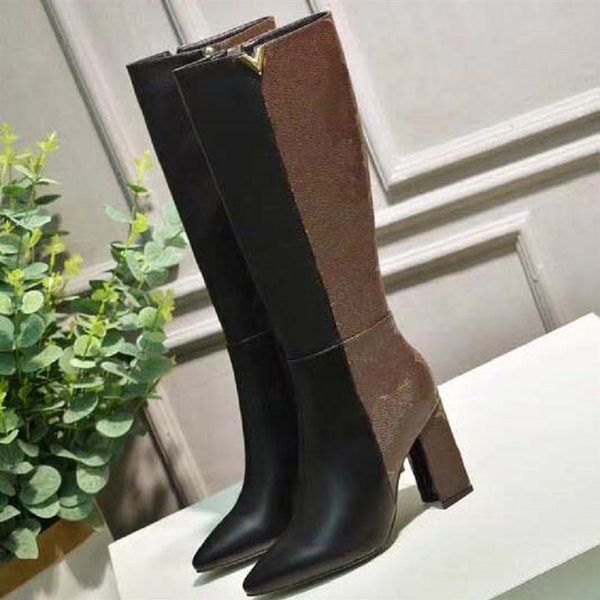 

2021 fashion knee boots color matching round head women long boots female casual wild non slip genuine leather women boots cowboy 236c, Black