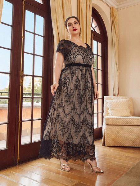 

plus eyelash lace trim floral embroidery dress d4lx#, Black