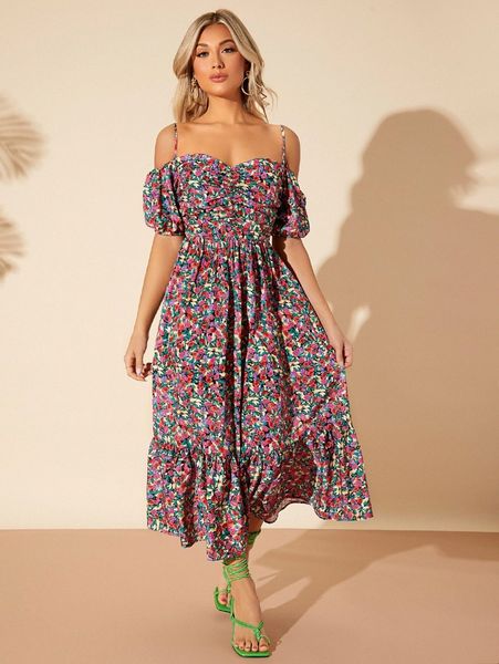 

ditsy floral puff sleeve cold shoulder ruffle hem dress c5h7#, Black;gray