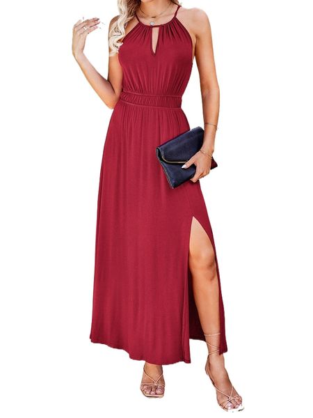 

keyhole neckline split thigh halter dress u06y#, Black;gray