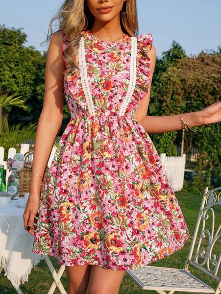 

ruffle trim guipure lace detail allover floral dress w0ml#, Black;gray