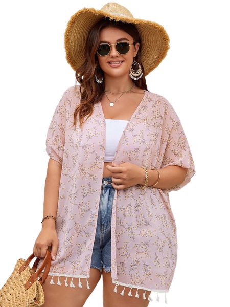 

plus ditsy floral print tassel trim kimono t2cn#, Black;gray